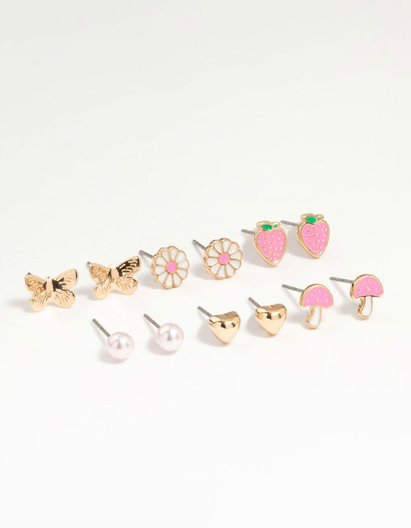 Kids Gold Mushroom & Strawberry Stud Earrings 6-Pack