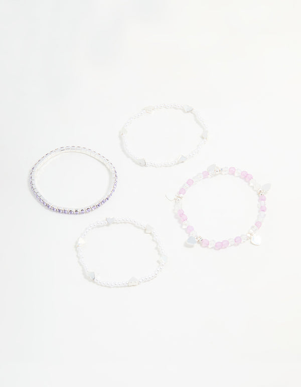 Kids Silver Heart Diamante Beaded Stretch Bracelets 4-Pack
