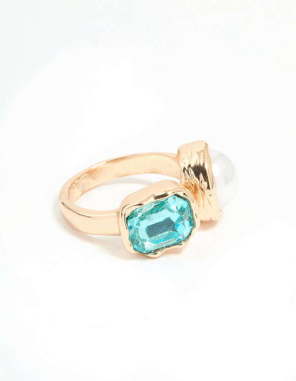 Gold Pearl & Blue Gem Statement Ring