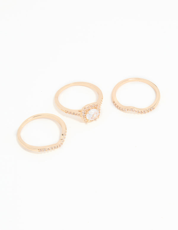 Gold Cubic Zirconia Round & Pointed Rings 3-Pack