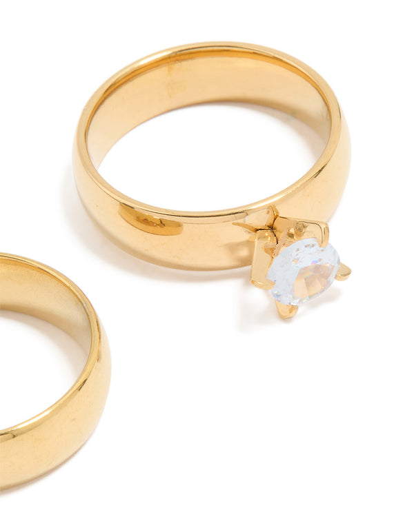 Waterproof Gold Plated Stainless Steel Cubic Zirconia & Sleek Band Rings 2-Pack