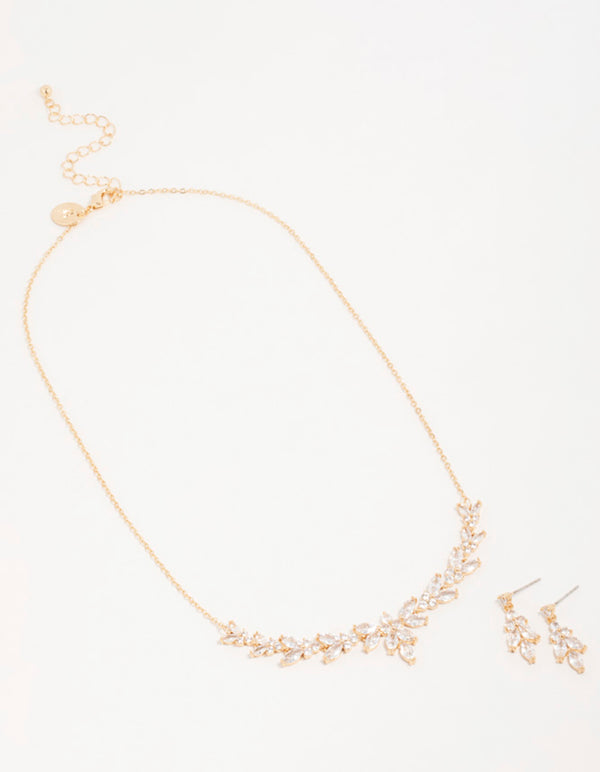Gold Cubic Zirconia Leaf Vine Necklace & Earrings Set