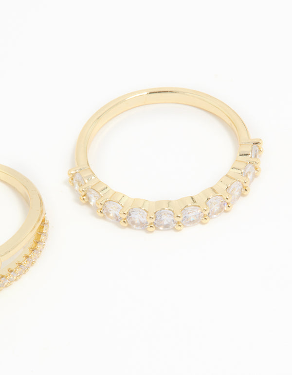 Gold Plated Cubic Zirconia Dainty Stacked Flower & Band Rings 2-Pack