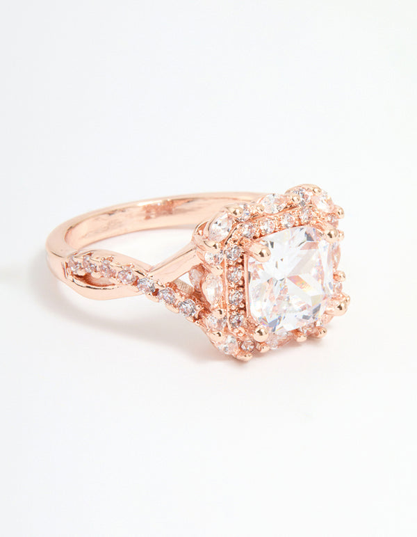 Rose Gold Cubic Zirconia Princess Halo Ring