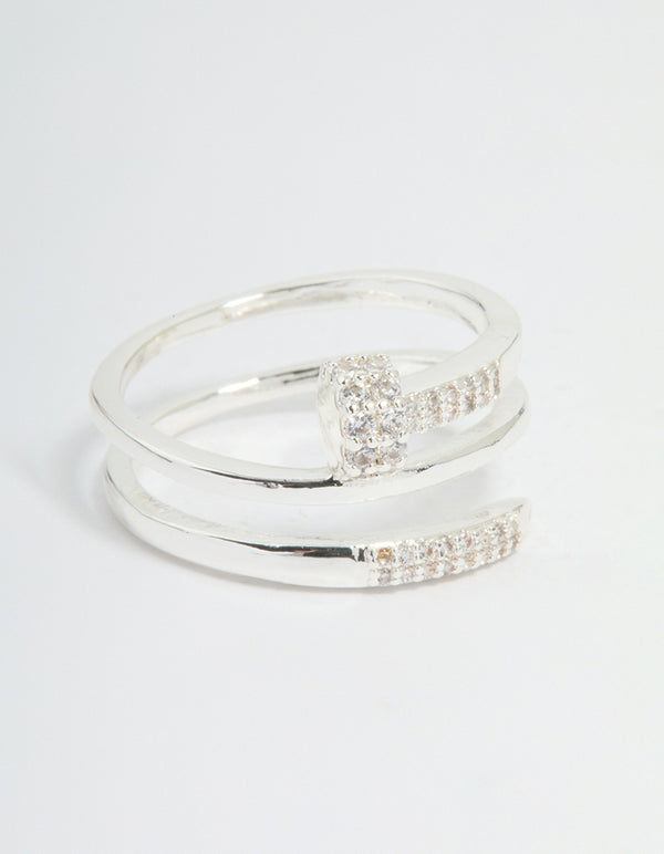 Showcasing a statement nail wrap ring crafted from silver plated metal, featuring cubic zirconia stones front view