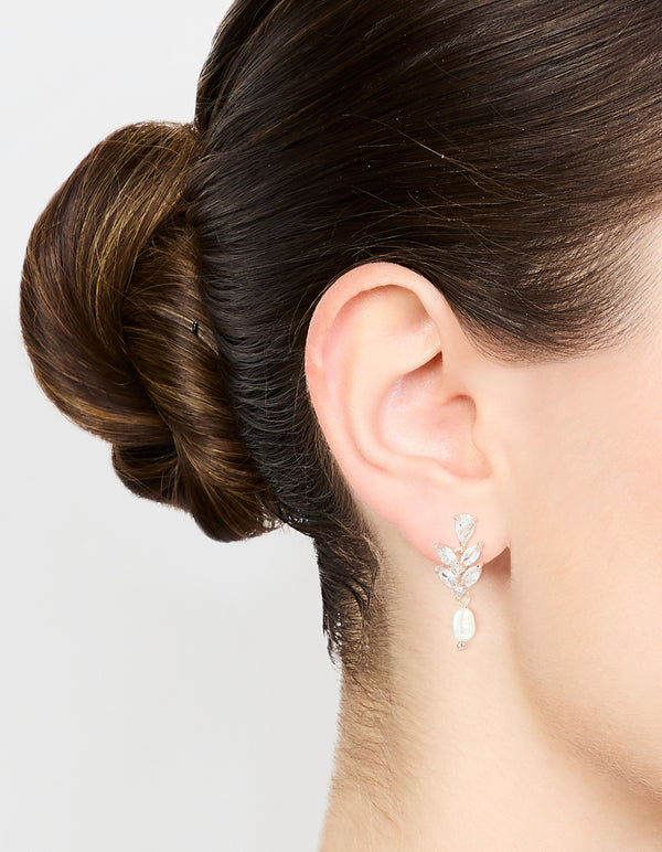 Rose Gold Plated Cubic Zirconia Freshwater Pearl Drop Earrings