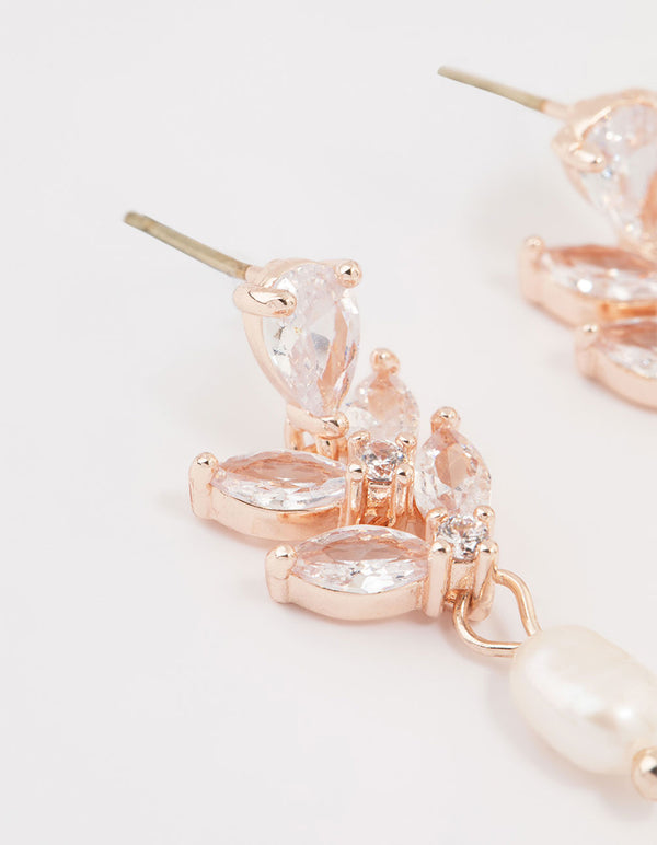 Rose Gold Plated Cubic Zirconia Freshwater Pearl Drop Earrings
