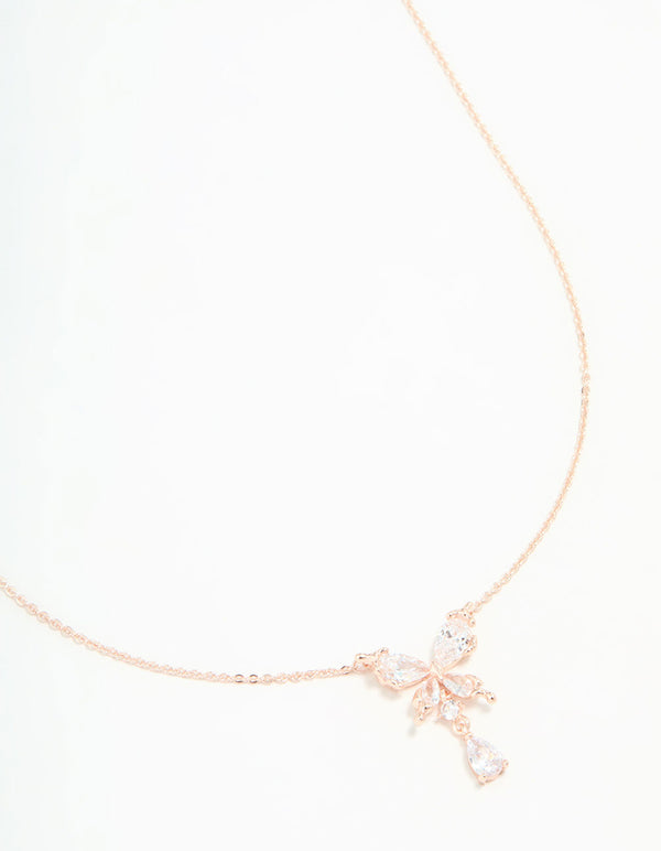 Rose Gold Plated Cubic Zirconia Butterfly Teardrop Pendant Necklace