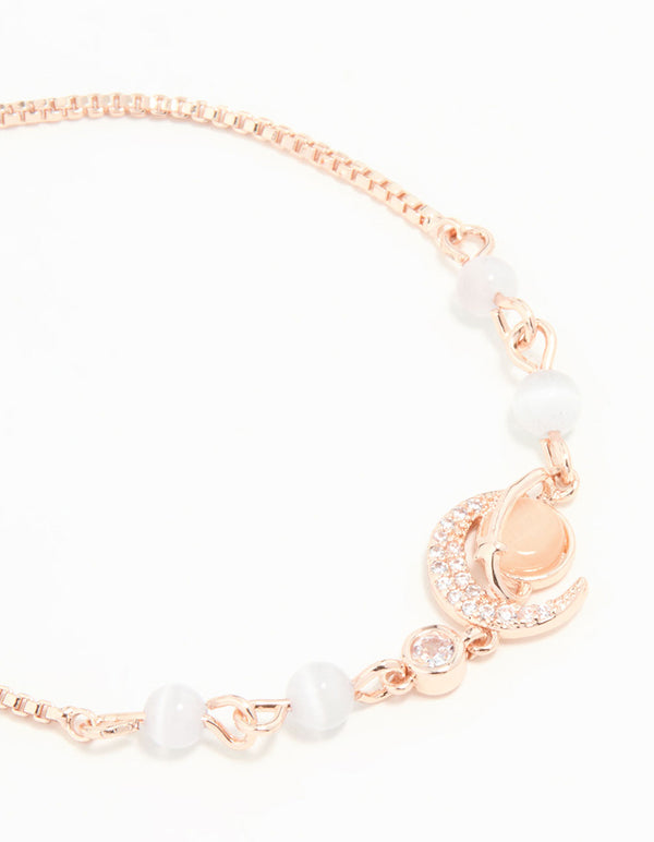 Rose Gold Plated Cubic Zirconia Moon Rose Quartz Toggle Bracelet
