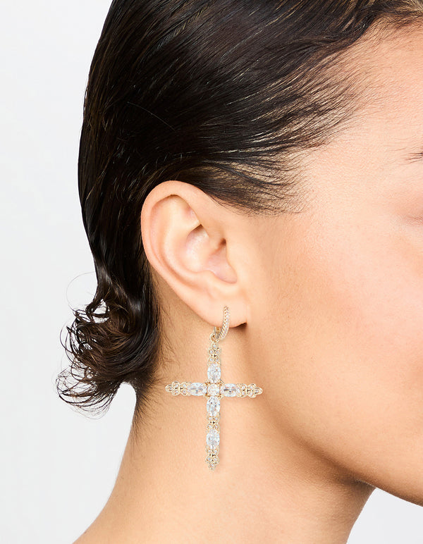 Gold Cubic Zirconia Cross Drop Earrings
