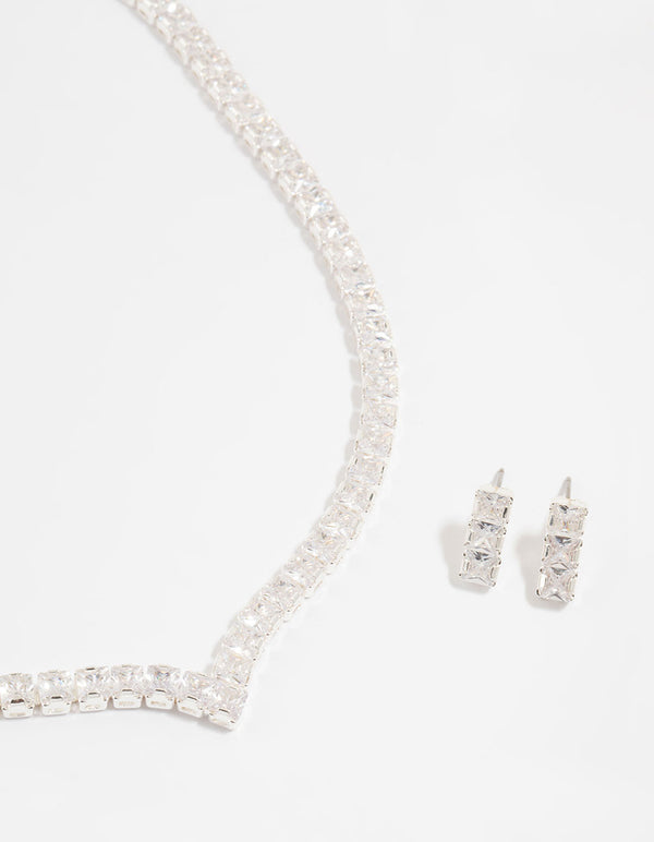 Silver Cubic Zirconia Thick V Necklace & Earrings Set