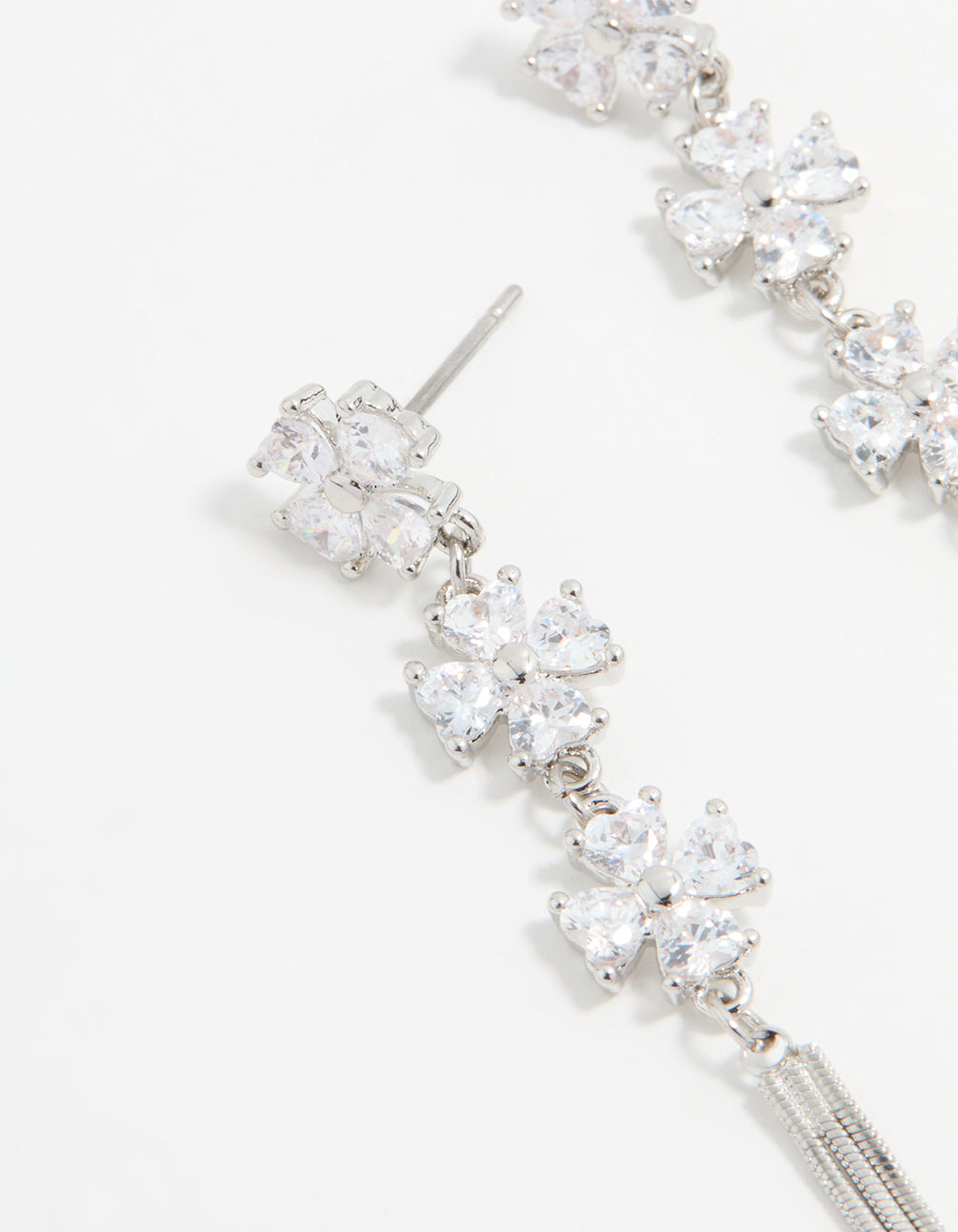 Silver Cubic Zirconia Triangular Floral Drop Earrings