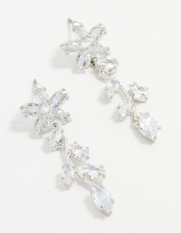 Silver Cubic Zirconia Flower Trail Drop Earrings