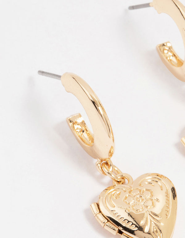 Gold Antique Heart Locket Earrings