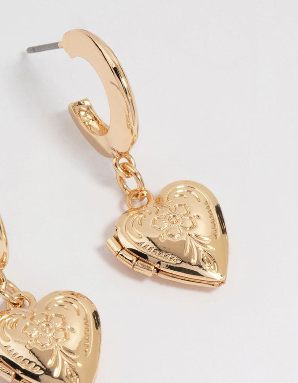 Gold Antique Heart Locket Earrings