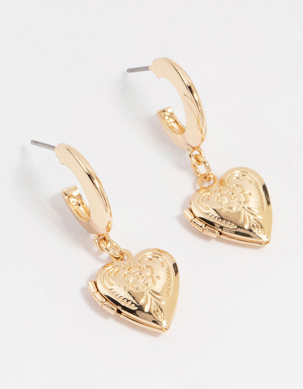 Gold Antique Heart Locket Earrings