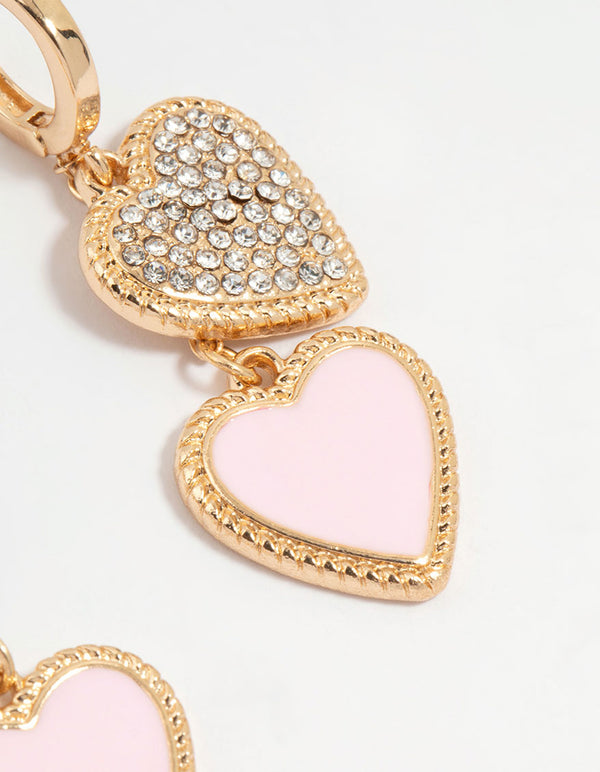 Gold Diamante & Pink Heart Drop Earrings
