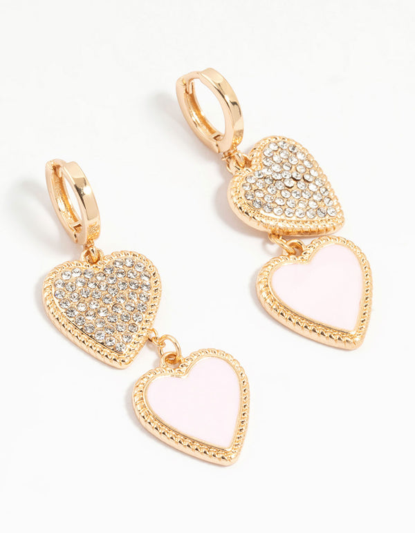 Gold Diamante & Pink Heart Drop Earrings