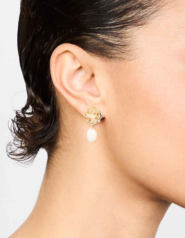 Gold Pearl Rose Drop Earrings