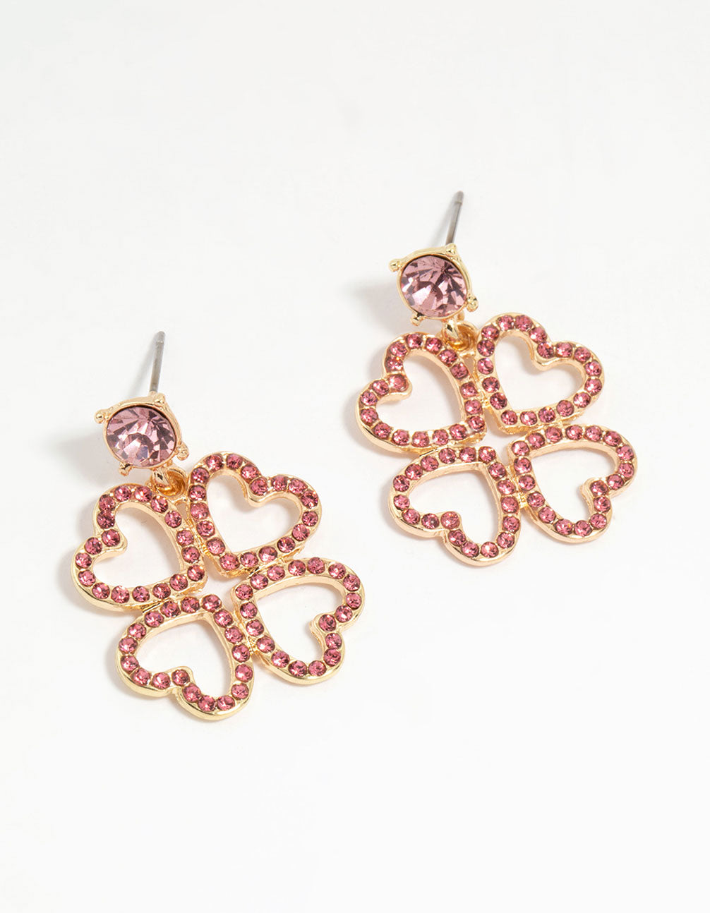 Gold Pink Diamante Lucky Heart Drop Earrings