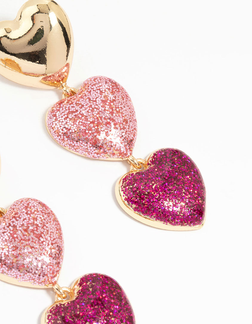 Gold Pink Glitter Heart Drop Earrings