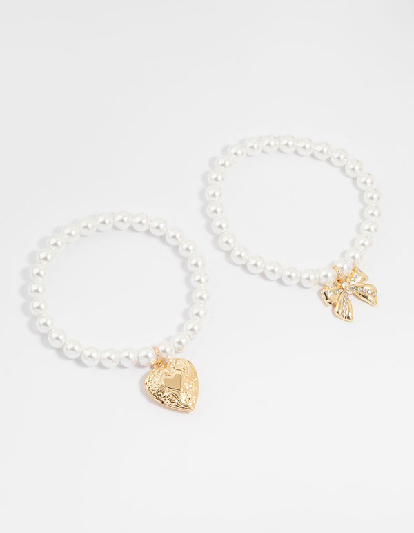 Gold Pearl & Heart Locket Stretch Bracelets 2-Pack