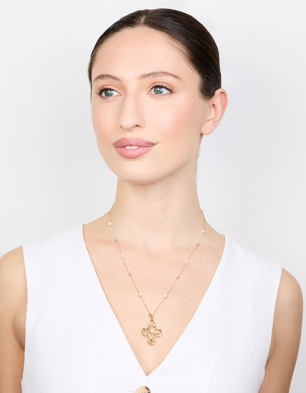 Gold Plated Pearl Station Cross Necklace