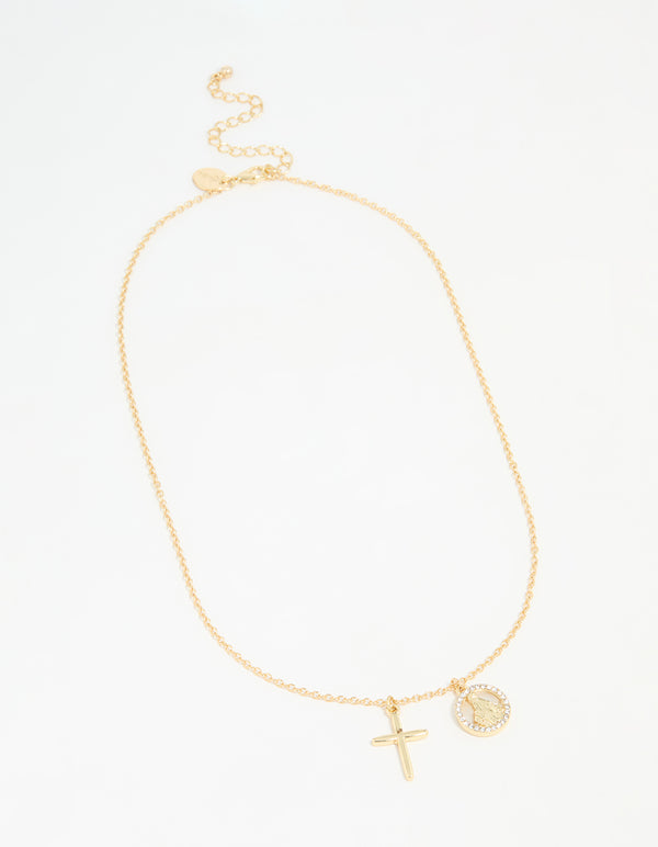 Gold Plated Cross & Mary Charm Necklace