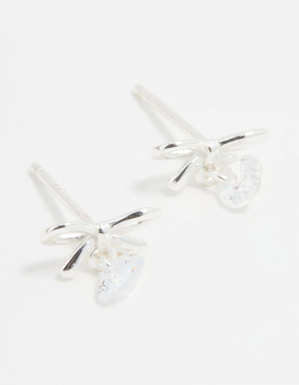 Sterling Silver Cubic Zirconia Bow & Drop Stud Earrings