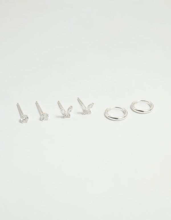 Sterling Silver Cubic Zirconia Butterfly Stud & Hoop Earrings 3-Pack