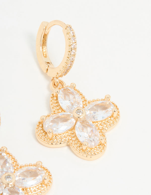 Gold Cubic Zirconia Flower Huggie Earrings