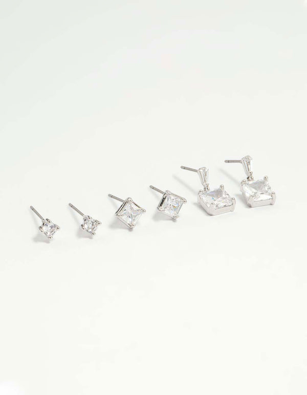 Silver Cubic Zirconia Stud & Drop Earrings 3-Pack