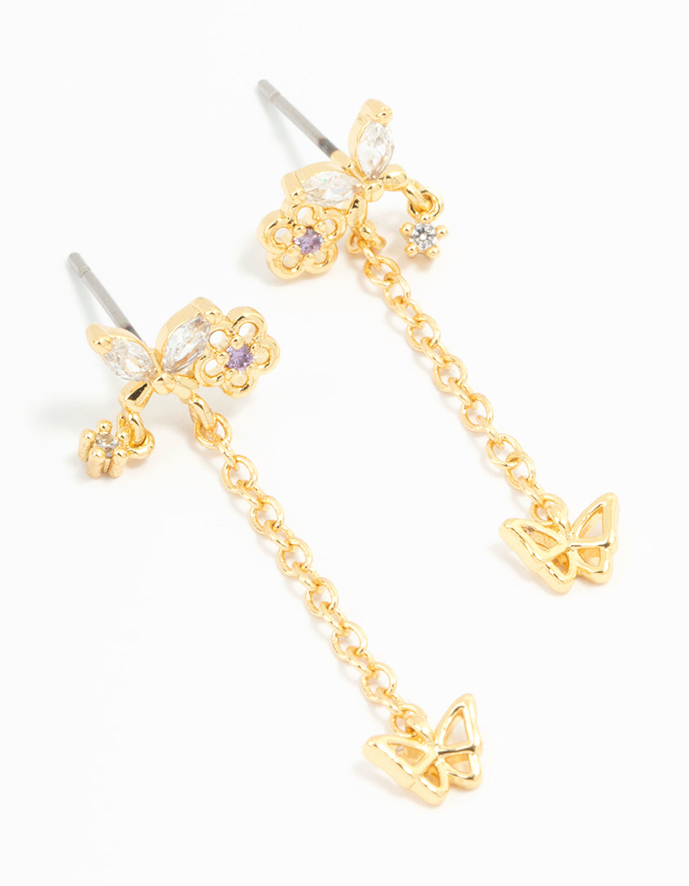 Gold Plated Butterfly Stud & Chain Drop Earrings