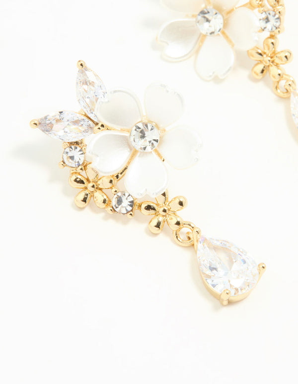 Gold Plated Cubic Zirconia Flower Drop Earrings