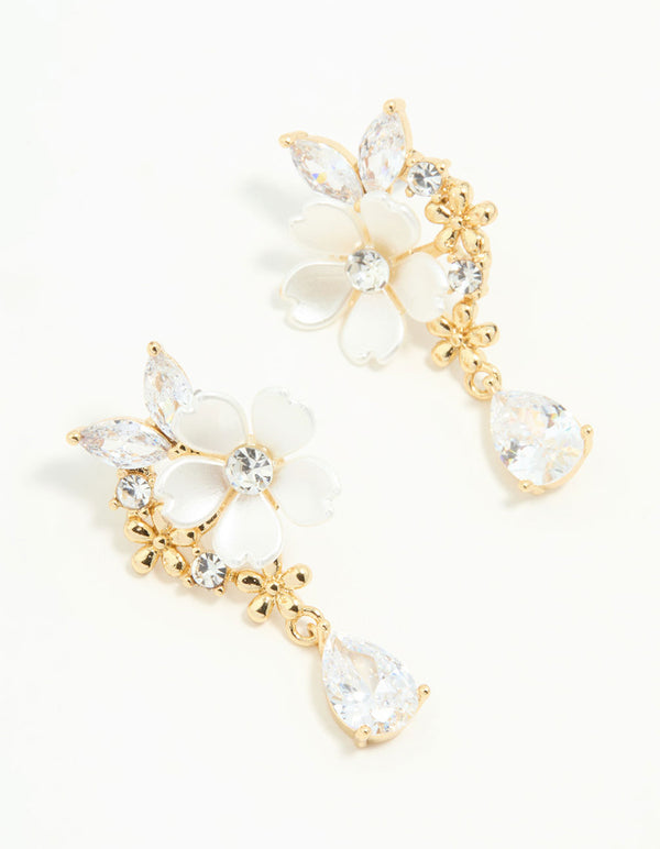 Gold Plated Cubic Zirconia Flower Drop Earrings