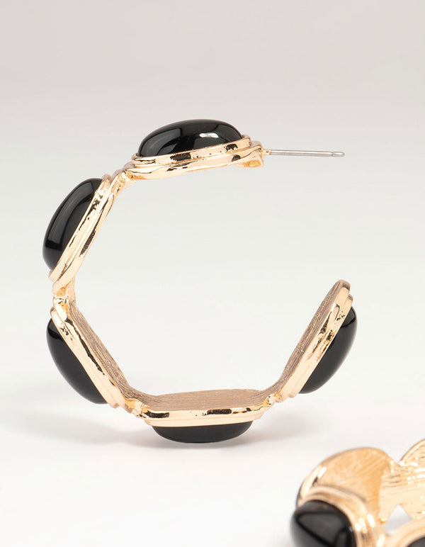Gold Black Stone Hoop Earrings