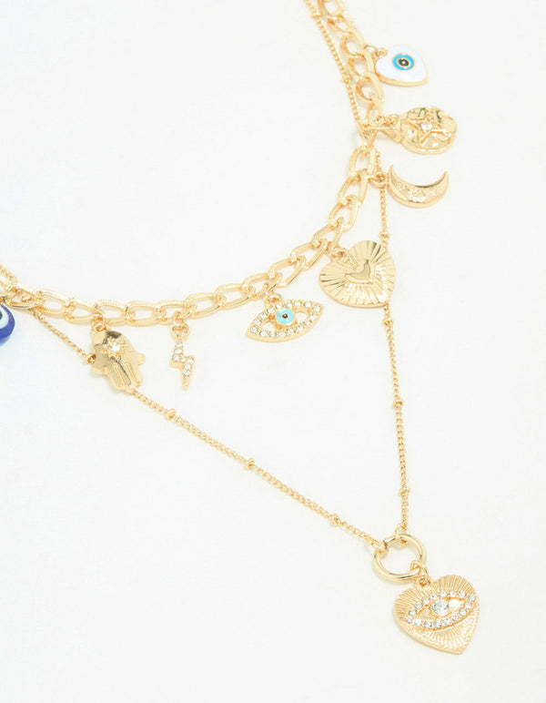 Gold Evil Eye Charm Layered Necklace
