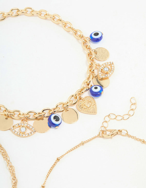 Gold Chain & Evil Eye Charm Bracelets 3-Pack