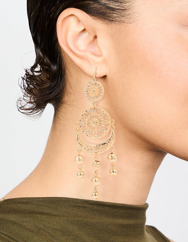Gold Patterned Tassel Drop Earrings