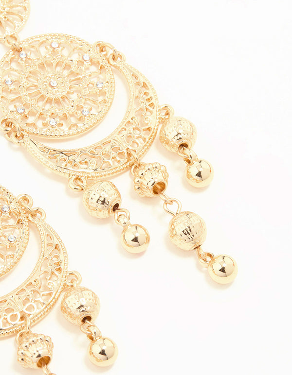 Gold Patterned Tassel Drop Earrings