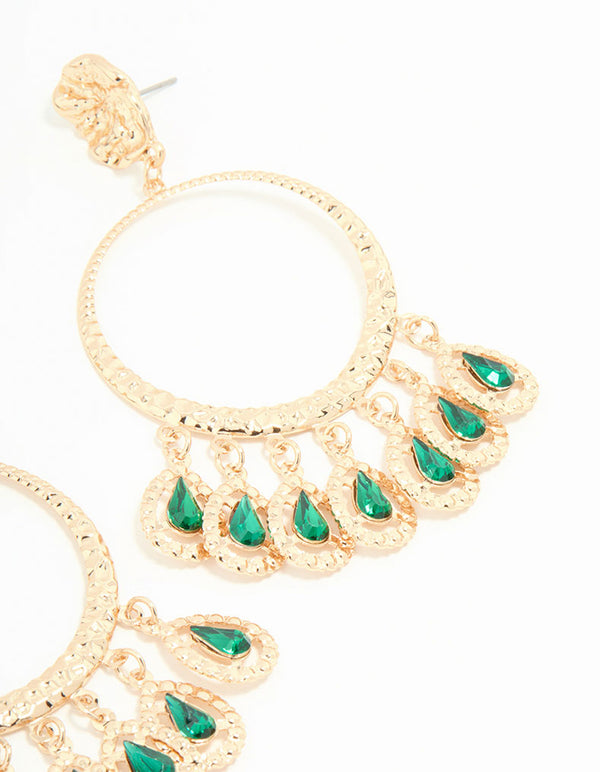 Gold Green Circle Drop Earrings