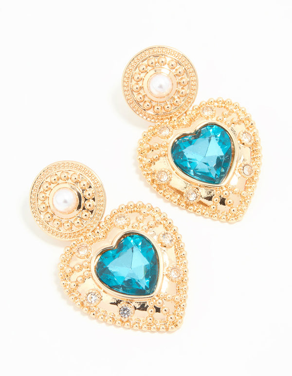 Gold Blue Stone Heart Drop Earrings
