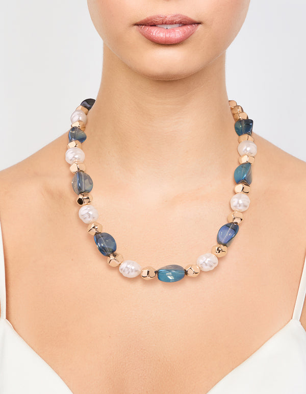 Gold Blue Beaded Short Necklace