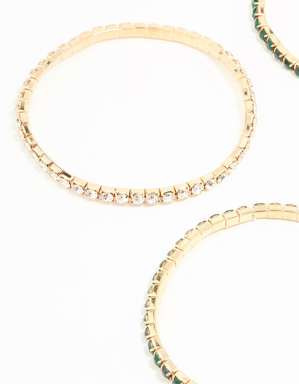 Gold Green Diamante Stretch Bangles 4-Pack