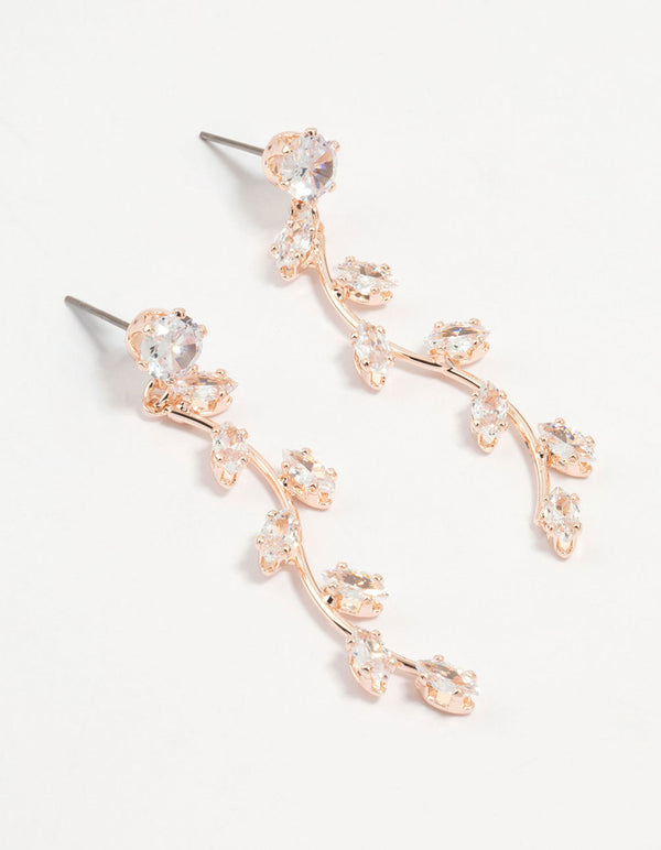 Rose Gold Diamante Leaf Dainty Drop Earrings