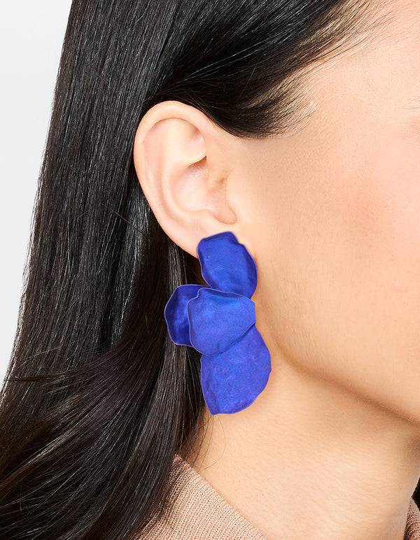 Blue Coated Metal Petal Drop Earrings