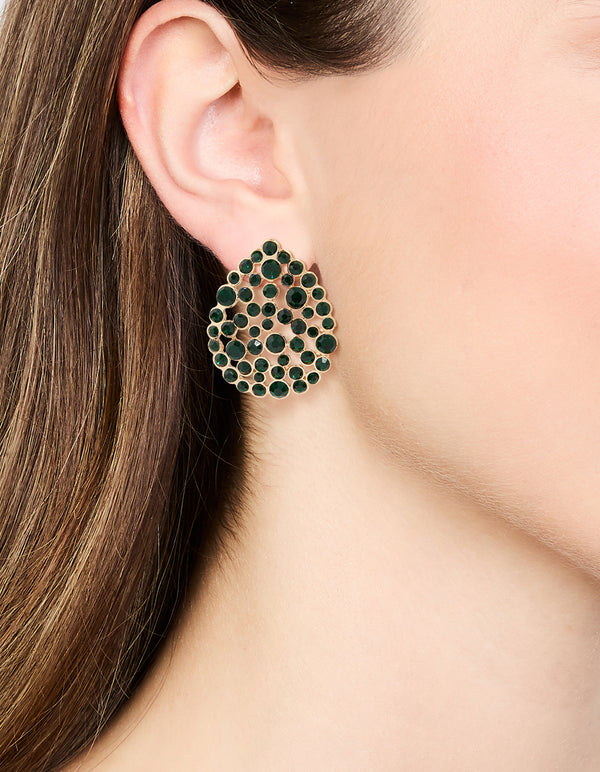Rose Gold Green Diamante Teardrop Stud Earrings