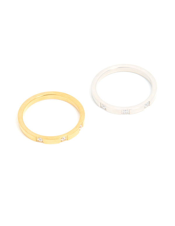 Waterproof Mixed Stainless Steel Cubic Zirconia Rings 2-Pack