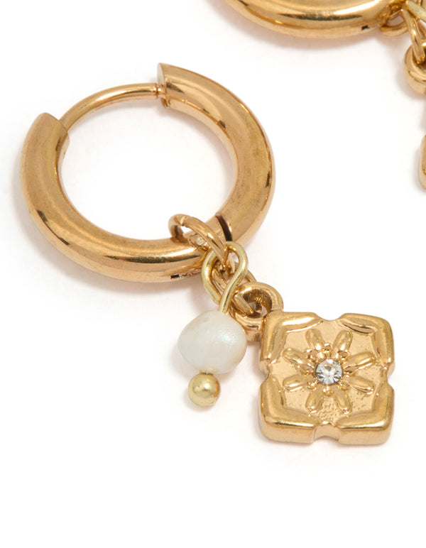 Waterproof Gold Plated Stainless Steel Flower Drop Huggie Earrings