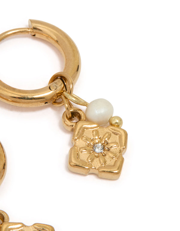 Waterproof Gold Plated Stainless Steel Flower Drop Huggie Earrings